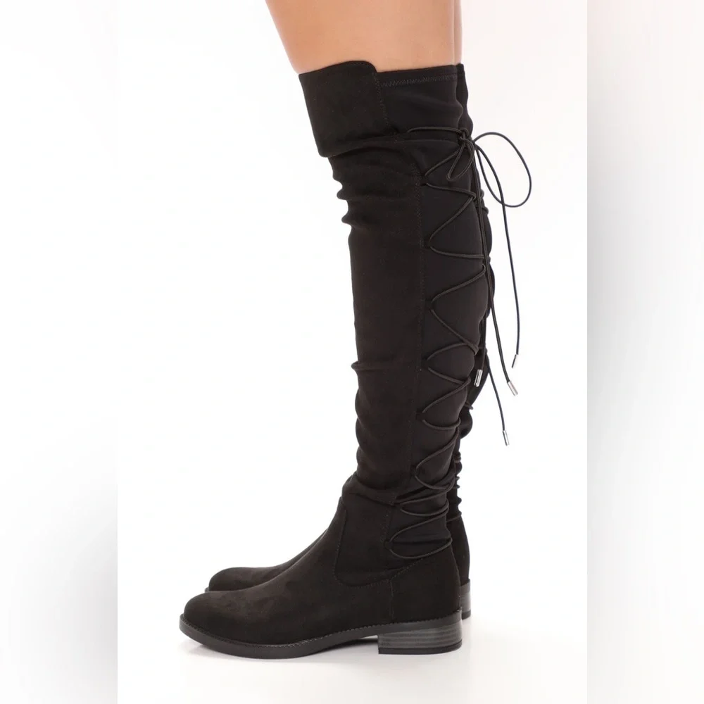 Fashion Nova Ramona Flat Black over the knee Boots Size 7.5